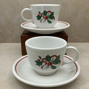 Set Of 2 Holiday Fiesta Tea Cups and Saucers Holly and Ribbon 1988 Pattern F121